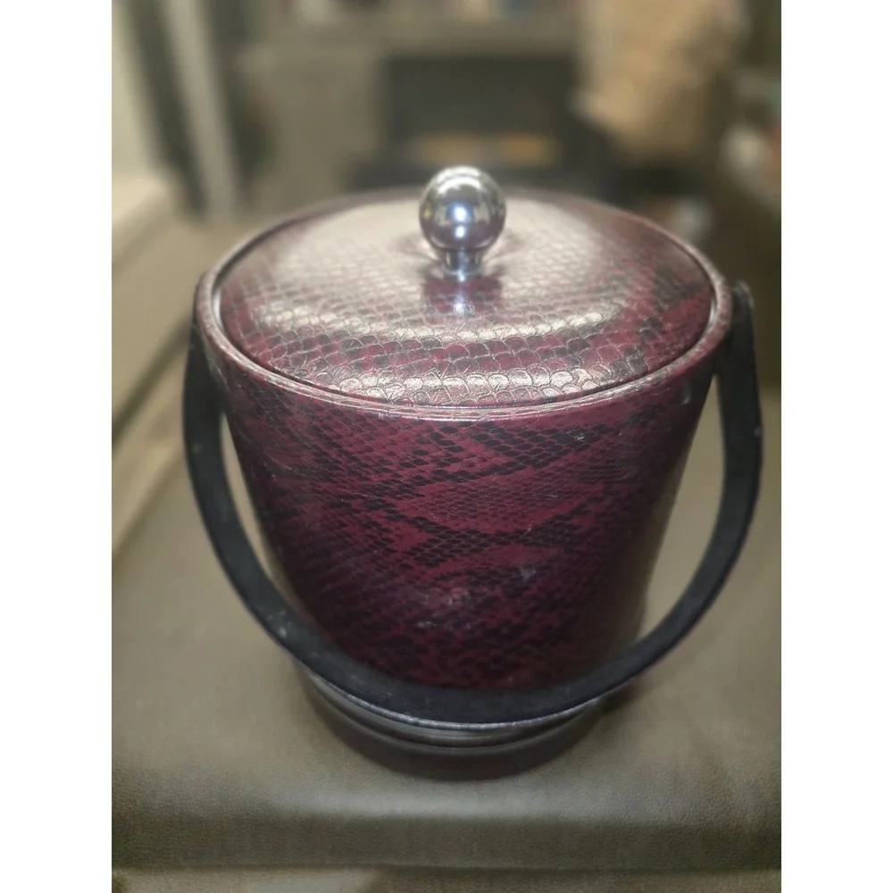 Vintage Georges Briard Burgundy Faux Snake Skin Leather Insulated Lid Ice Bucket